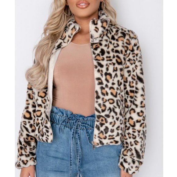 Leopard Print Animal Print Faux Fur Long Sleeve Collared Bomber Jacket - Picture 3 of 9